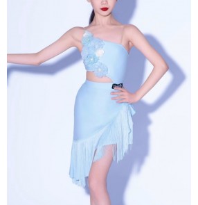 Girls one shoulder slant neck light blue fringe latin dance dresses for kids salsa rumba cha cha performance costumes for children